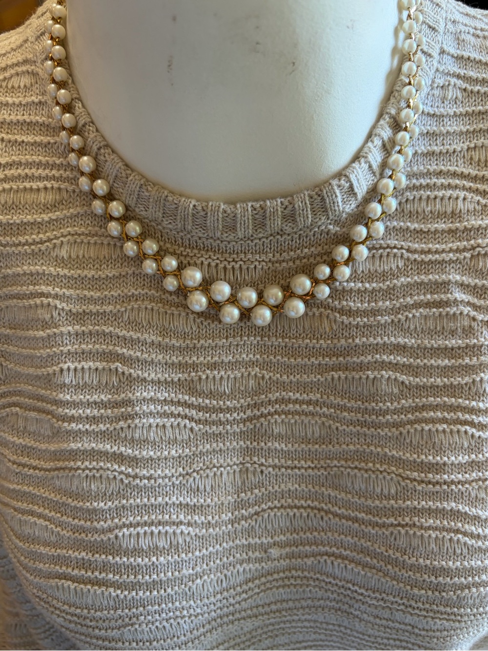 Vintage Napier Braided Faux Pearl Gold Tone Choker Statement Necklace 1980s